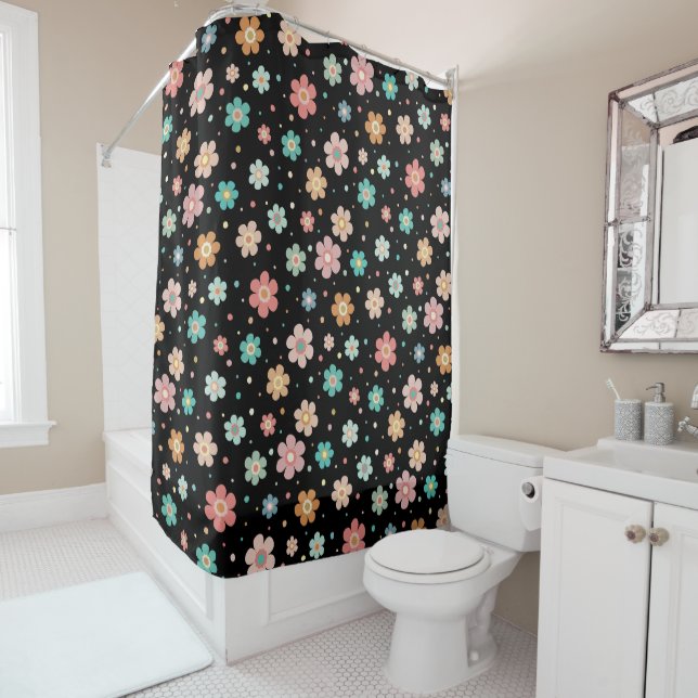 Cute Multicolour Flower Pattern On Black Shower Curtain (In Situ)