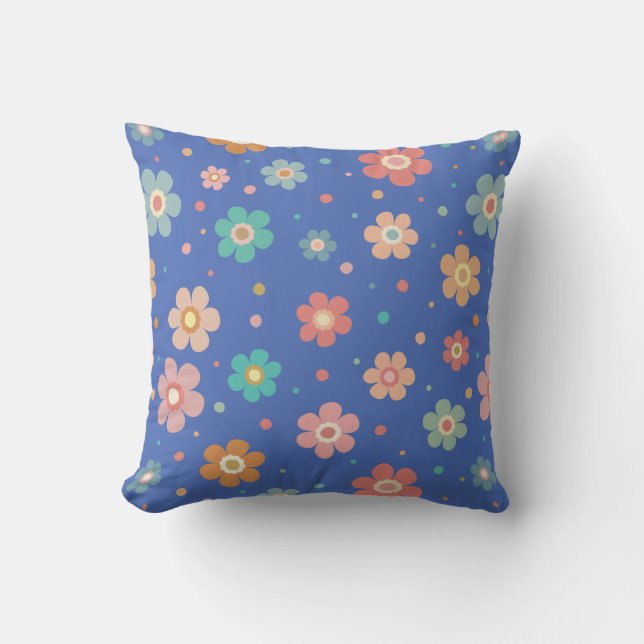Cute Multicolour Flower Pattern On Blue Throw Pillow (Front)