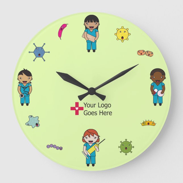 Cute Multicultural Germ Fighters Custom Logo Large Clock (Front)