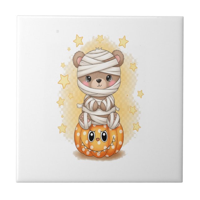 Cute Mummy Bear Halloween Ceramic Tile (Front)