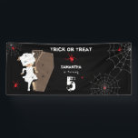 Cute Mummy Coffin Girl Halloween Birthday Party Banner<br><div class="desc">BOO! Don't get scared now. Cute scary Halloween girl mummy coming out of a casket with spiders. The perfect modern contemporary Halloween birthday party banner design ideal for a little girl's Halloween birthday party. Matching birthday invitation and party decor,  favors can be viewed in this collection.</div>