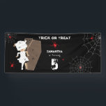 Cute Mummy Coffin Girl Halloween Birthday Party Banner<br><div class="desc">BOO! Don't get scared now. Cute scary Halloween girl mummy coming out of a casket with spiders. The perfect modern contemporary Halloween birthday party banner design ideal for a little girl's Halloween birthday party. Matching birthday invitation and party decor,  favors can be viewed in this collection.</div>