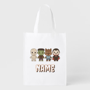 Cute mummy, Frankenstein, Dracula, werewolf Grocery Bag