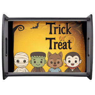 Cute mummy, Frankenstein, Dracula, werewolf Serving Tray