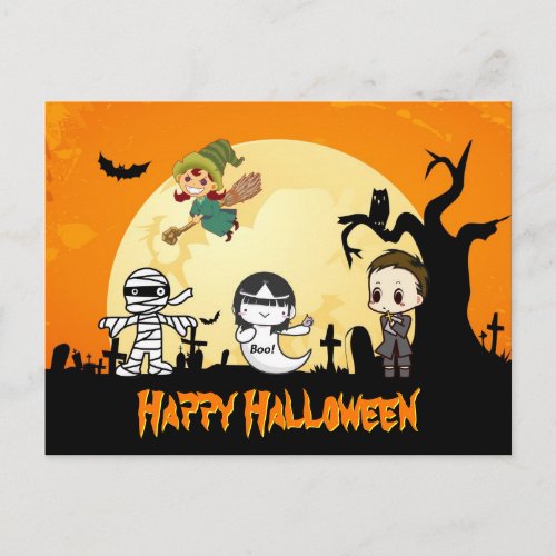 Cute Mummy Ghost Witch Priest _ Happy Halloween Postcard