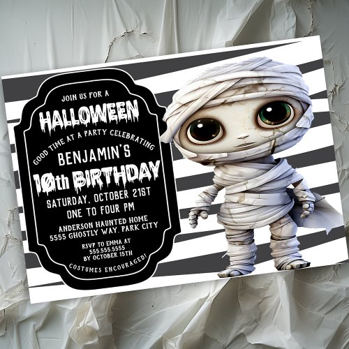 Cute Mummy Halloween Boys 10th Birthday Invitation