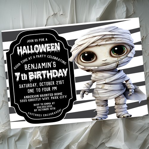 Cute Mummy Halloween Boys 7th Birthday Invitation