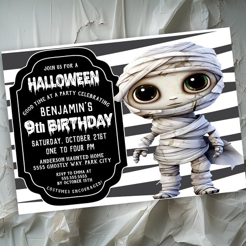 Cute Mummy Halloween Boys 9th Birthday Invitation