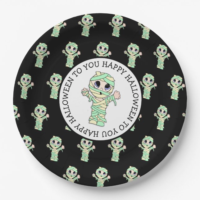 Cute Mummy Halloween Party Paper Plates (Front)