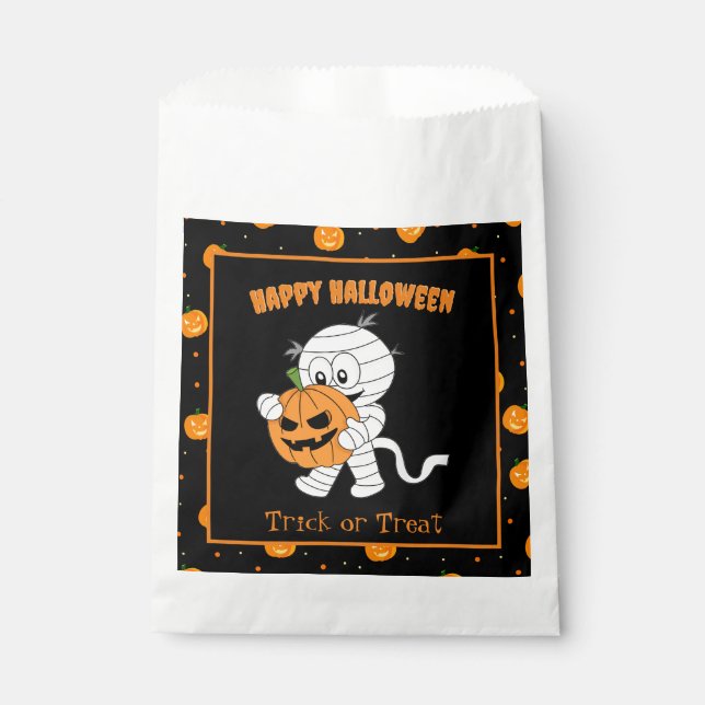 Cute Mummy Walking With Halloween Pumpkin Party Favor Bag (Front)