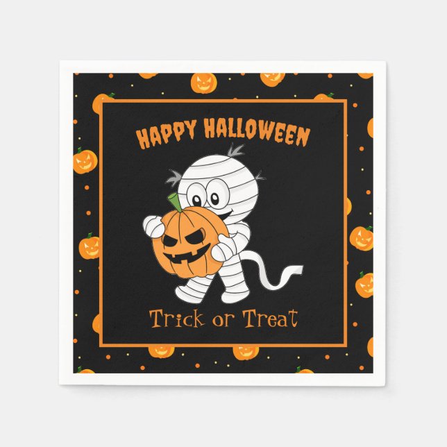 Cute Mummy Walking With Halloween Pumpkin Party Napkins (Front)