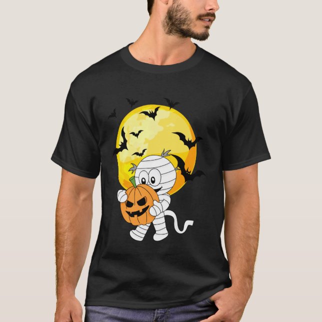 Cute Mummy with Pumpkin Halloween T-Shirt (Front)