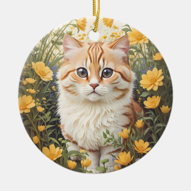 Cute Munchkin Cat And Buttercup Flowers Ceramic Ornament (Front)