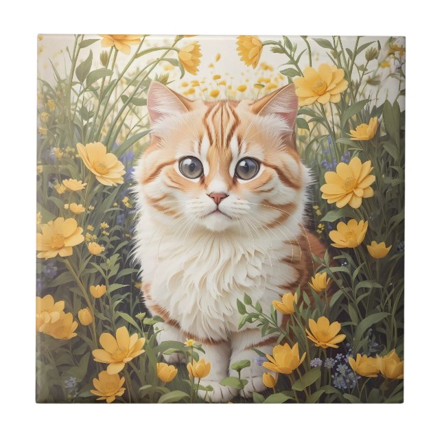 Cute Munchkin Cat And Buttercup Flowers Ceramic Tile (Front)