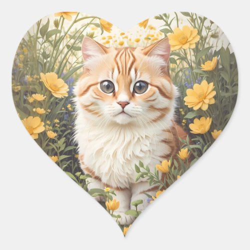 Cute Munchkin Cat And Buttercup Flowers Heart Sticker