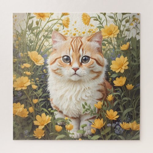 Cute Munchkin Cat And Buttercup Flowers Jigsaw Puzzle