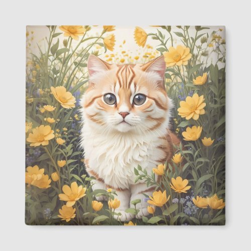 Cute Munchkin Cat And Buttercup Flowers Magnet