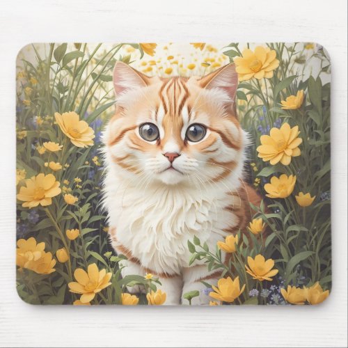 Cute Munchkin Cat And Buttercup Flowers Mouse Pad