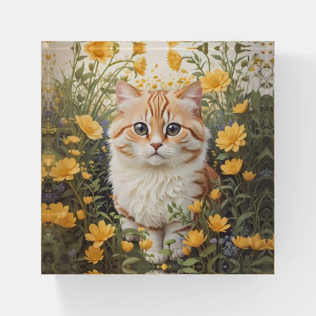 Cute Munchkin Cat And Buttercup Flowers Paperweight (Front)