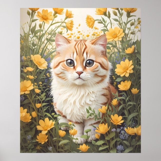 Cute Munchkin Cat And Buttercup Flowers Poster (Front)