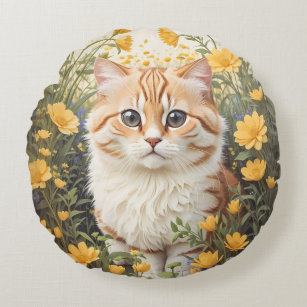 Cute Munchkin Cat And Buttercup Flowers Round Pillow