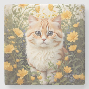 Cute Munchkin Cat And Buttercup Flowers Stone Coaster