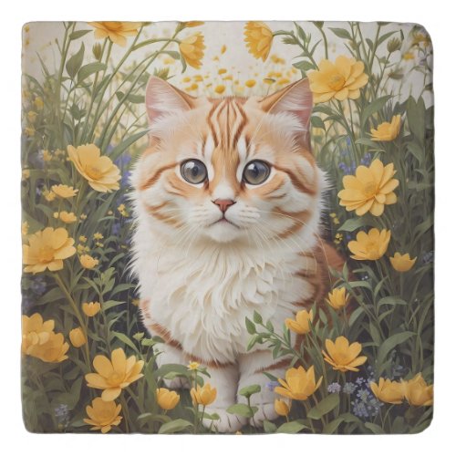 Cute Munchkin Cat And Buttercup Flowers Trivet