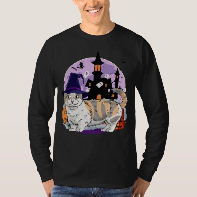 Cute Munchkin Cat Halloween Witch Pumpkin T-Shirt (Front)