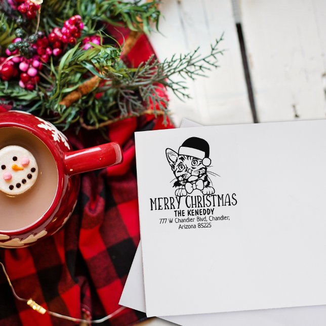 Cute Munchkin Cat Return Address Christmas  Rubber Stamp (Creator Uploaded)