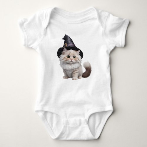 Cute munchkin cat wearing a witch hat baby bodysuit