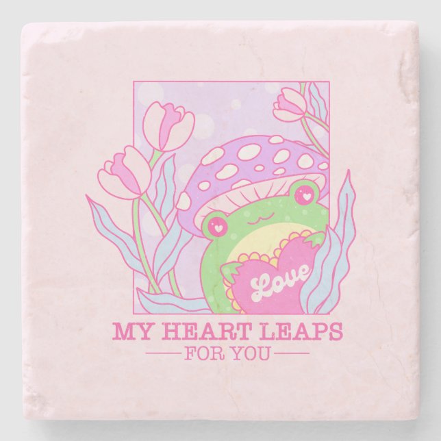 Cute Mushroom and Frog - My Heart Leaps For You Stone Coaster (Front)