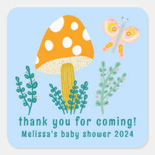 Cute Mushroom Butterfly Thanks CUSTOM Baby Shower Square Sticker