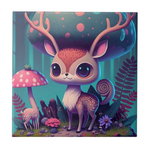 Cute Mushroom Deer Fantasy Art Ceramic Tile