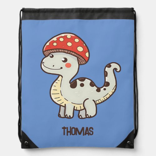 Cute Mushroom Dino With Kids Name Drawstring Bag