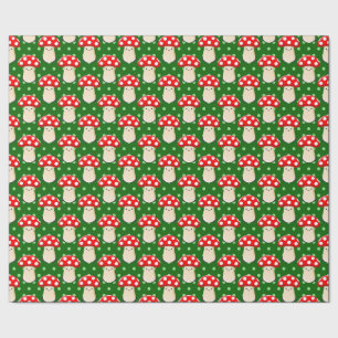 Cute Mushroom Drawing Green Polka Dot Pattern Wrapping Paper