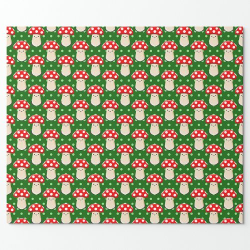 Cute Mushroom Drawing Green Polka Dot Pattern Wrapping Paper