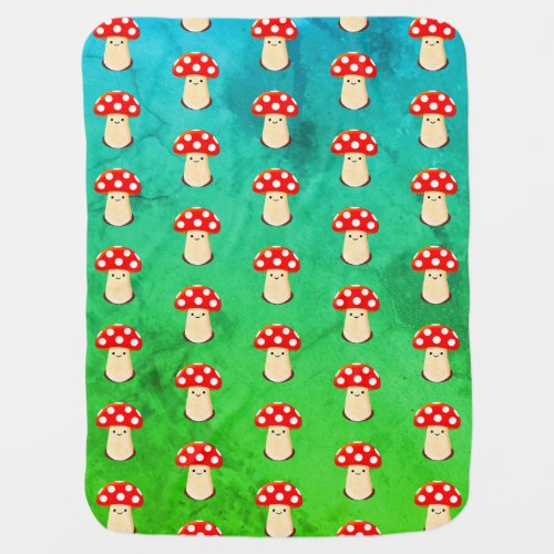 Cute Mushroom Drawing On Green And Blue Pattern Baby Blanket