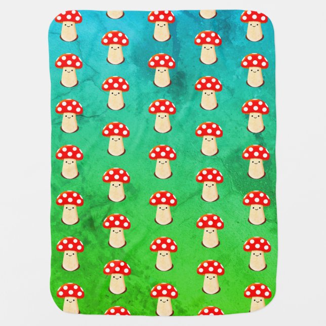 Cute Mushroom Drawing On Green And Blue Pattern Baby Blanket (Front)