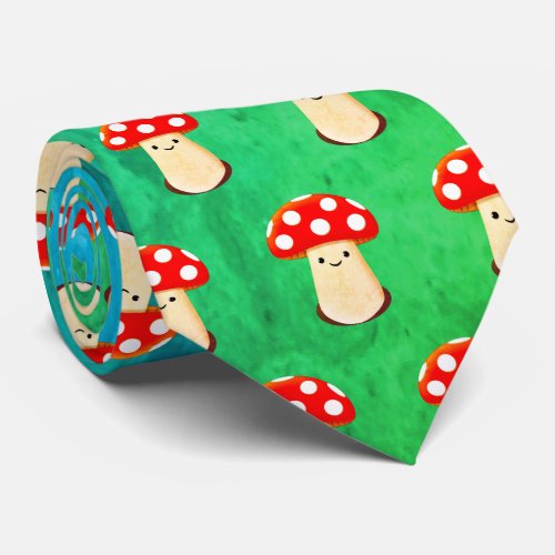 Cute Mushroom Drawing Pattern Blue And Green Neck Tie