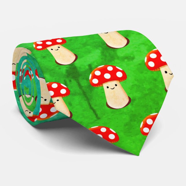 Cute Mushroom Drawing Pattern Blue And Green Neck Tie (Rolled)