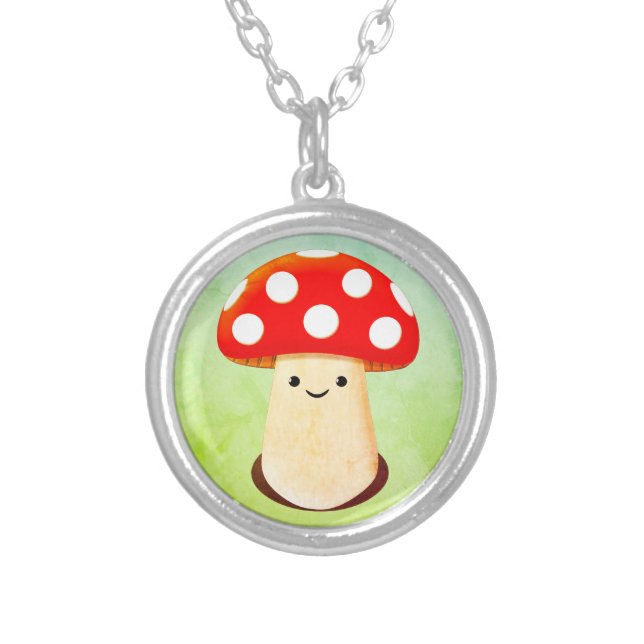 Cute Mushroom Drawing Silver Plated Necklace (Front)