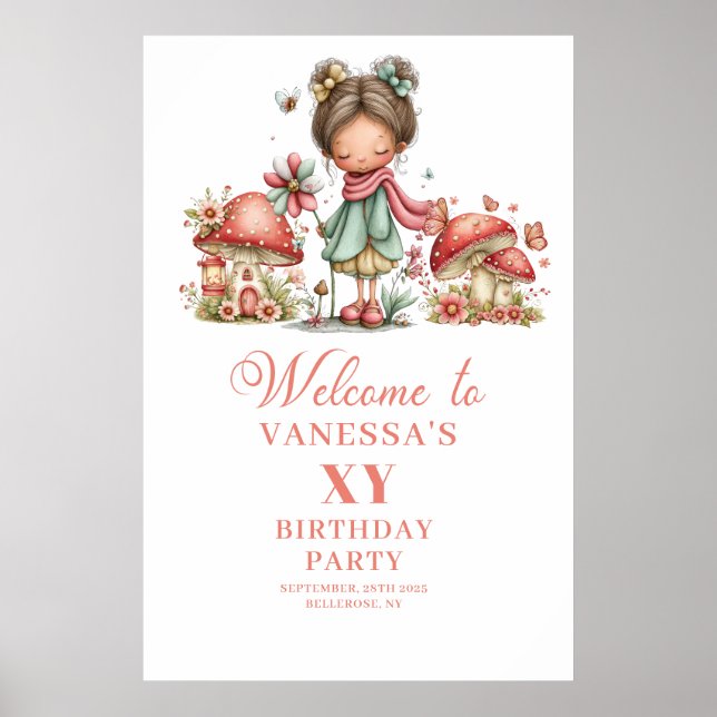 Cute Mushroom Fairy 7th Birthday Welcome Poster (Front)