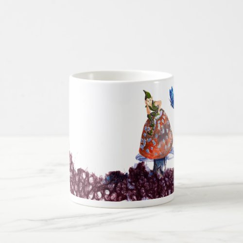 Cute Mushroom Fairy and Butterfly with Hollyhock Coffee Mug