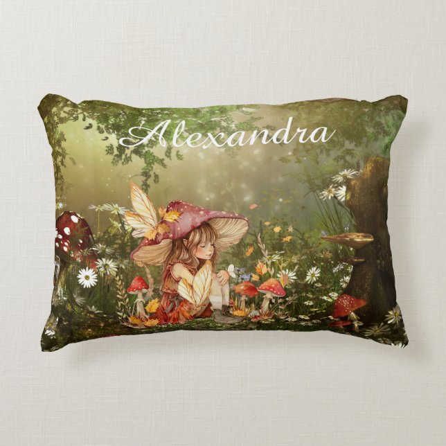 Cute Mushroom Fairy in the Forest Accent Pillow (Front)