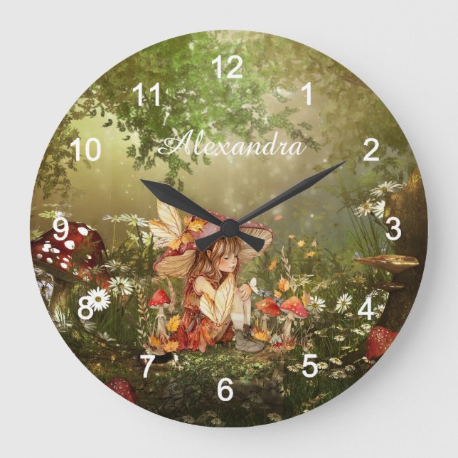 Cute Mushroom Fairy in the Forest Large Clock (Front)