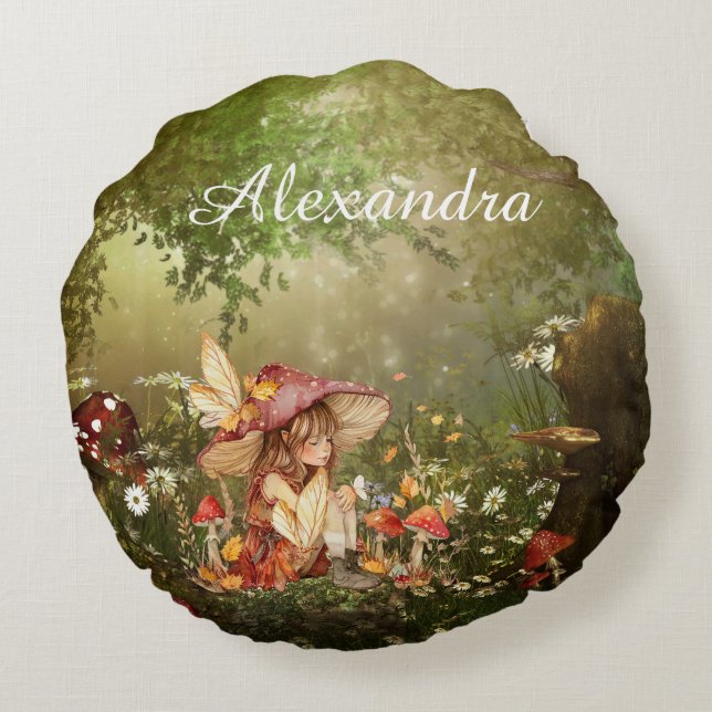 Cute Mushroom Fairy in the Forest Round Pillow (Back)