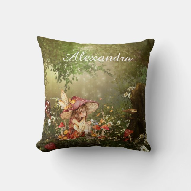 Cute Mushroom Fairy in the Forest Throw Pillow (Front)