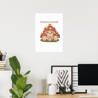 Cute Mushroom Family Retro Kawaii Forest Fungi Art Poster