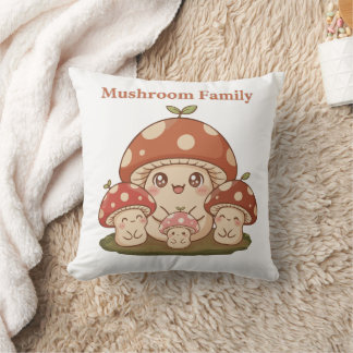 Cute Mushroom Family Retro Kawaii Forest Fungi Art Throw Pillow