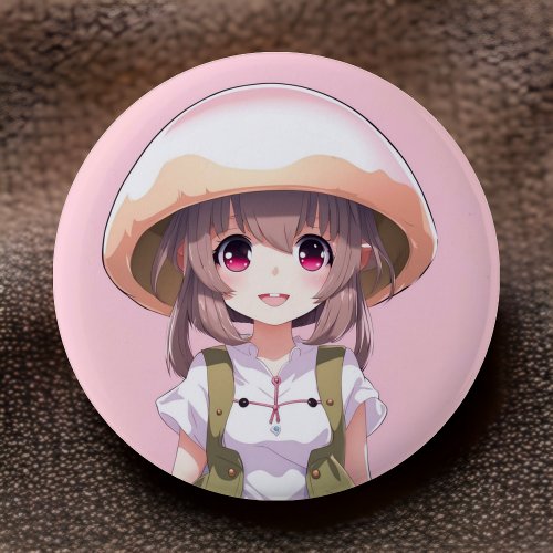 Cute Mushroom Girl Anime Button _ Fun Kawaii Art